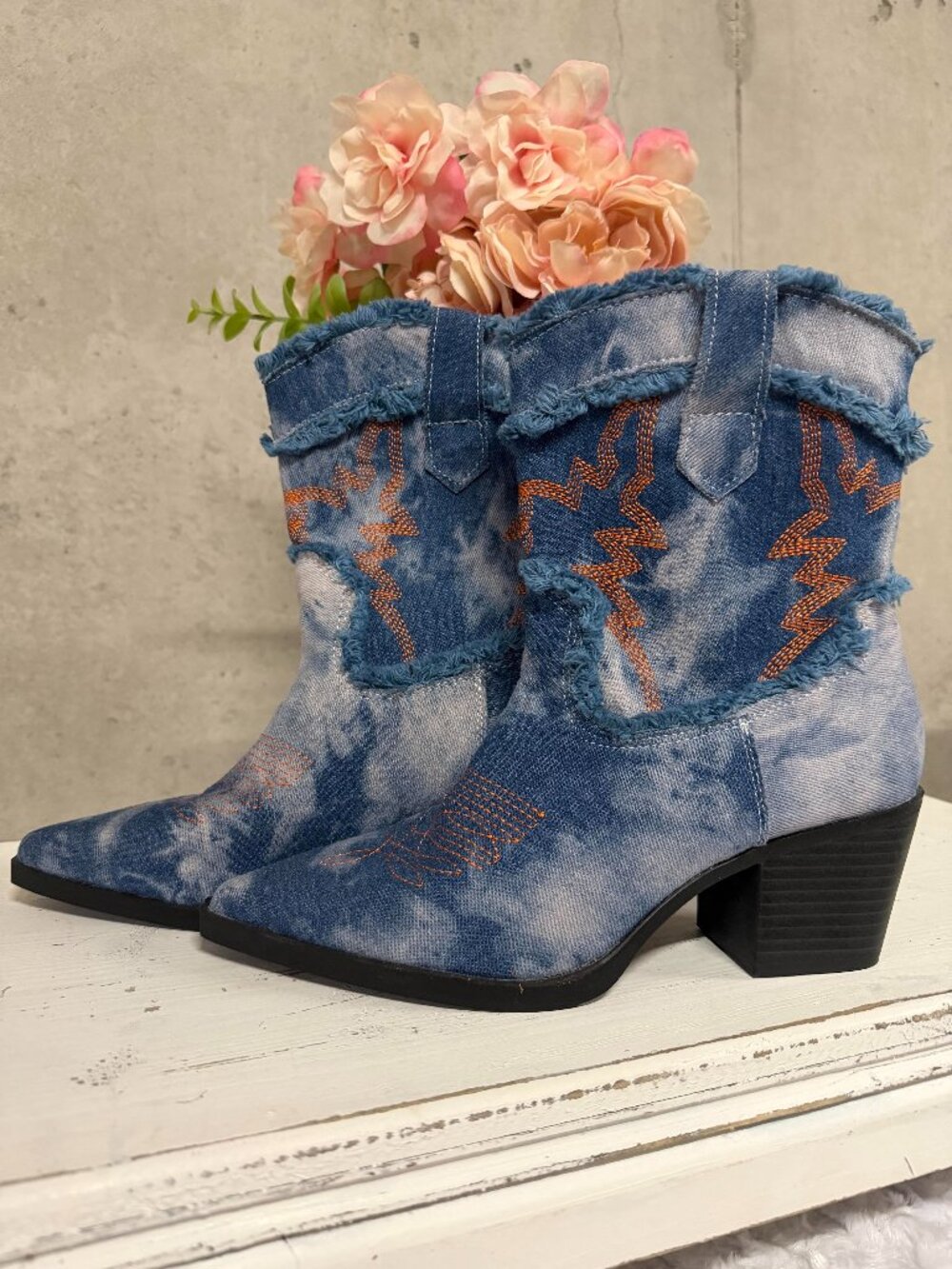 NWOT Washed Denim & Orange Stitching Detail Western Style Boots/Booties - Size 8